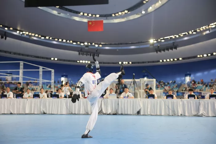 8月26日，第二届世界人形机器人运动会，机器人在武术比赛中。新京报记者 王飞 摄